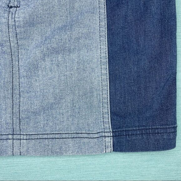 FREE PEOPLE Modern Femme Skirt Colorblock Mini Denim Jean Two Tone Block Size 4 - Picture 10 of 11